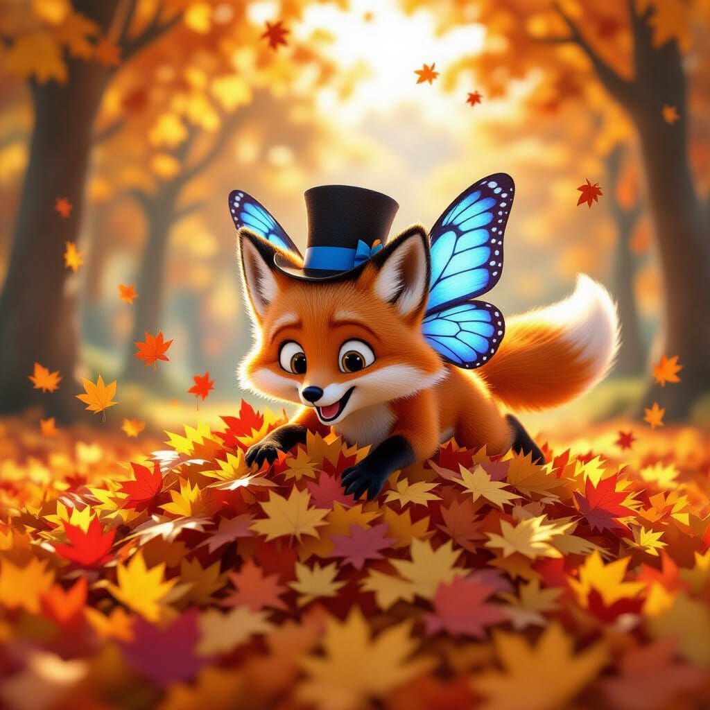 A fluffy, cartoonish fox cub with blue butterfly wings on it...