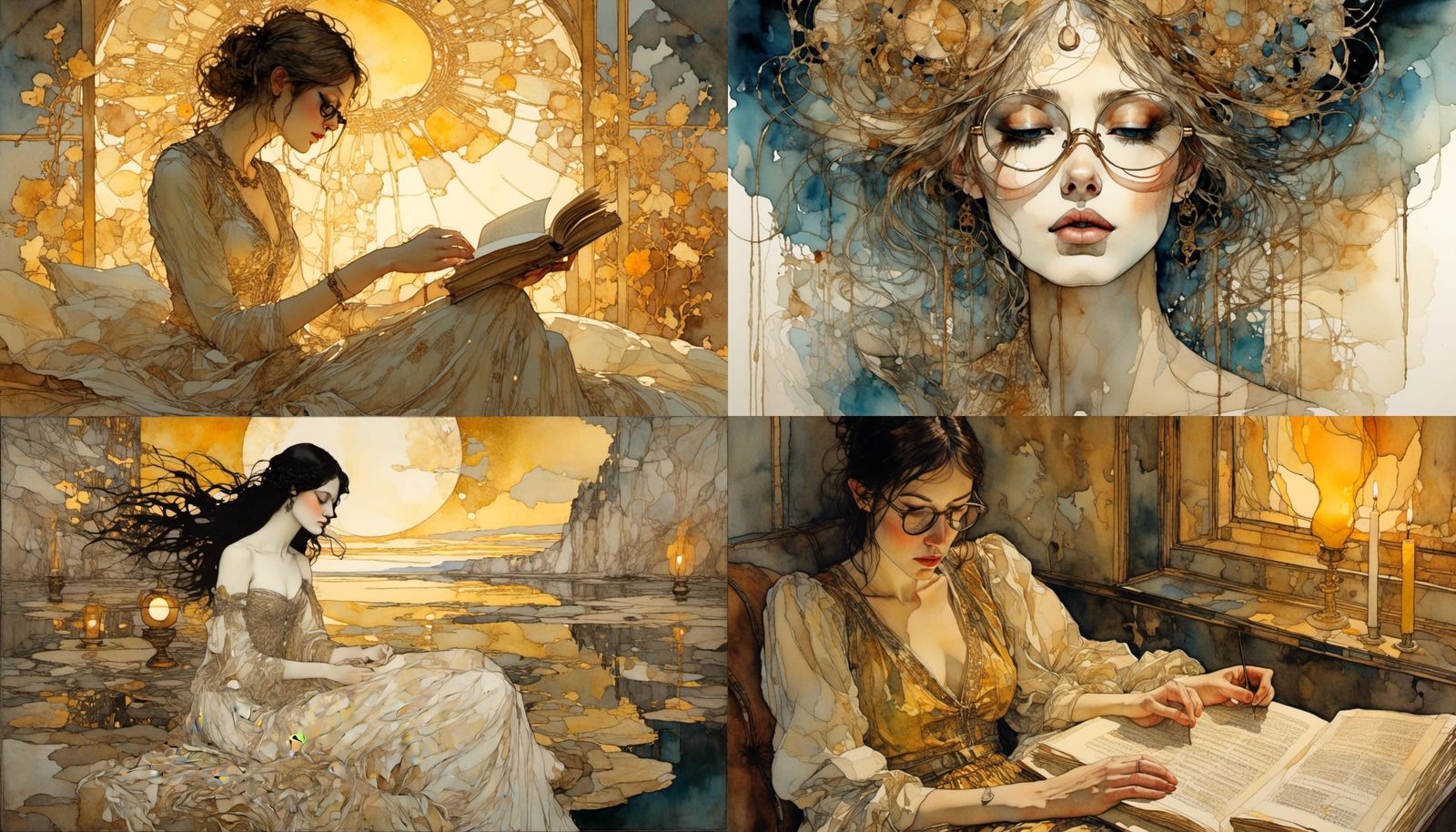 Elegant Woman Reads in Golden Candlelight