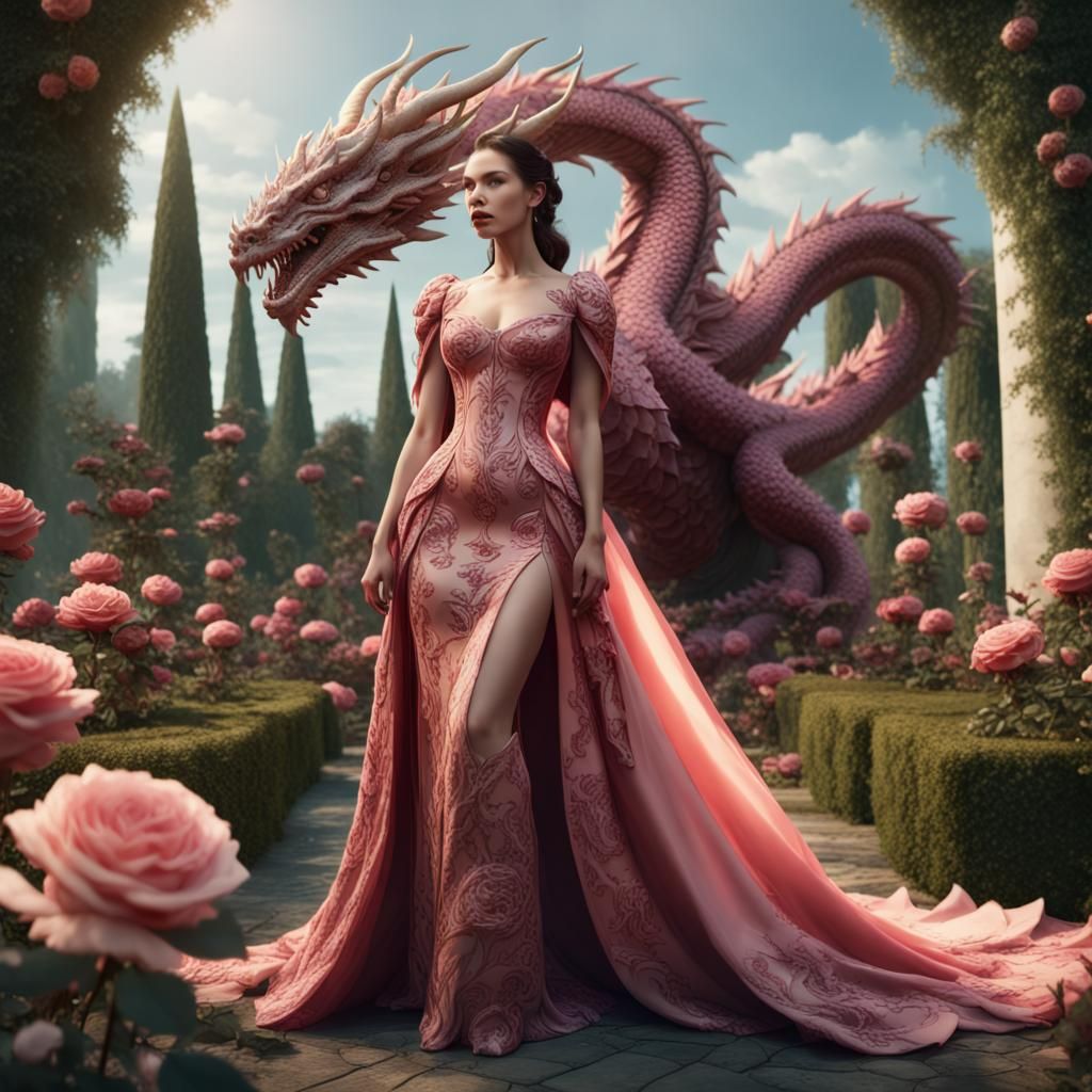 Ethereal Woman in Enchanted Rose Garden with Majestic Dragon