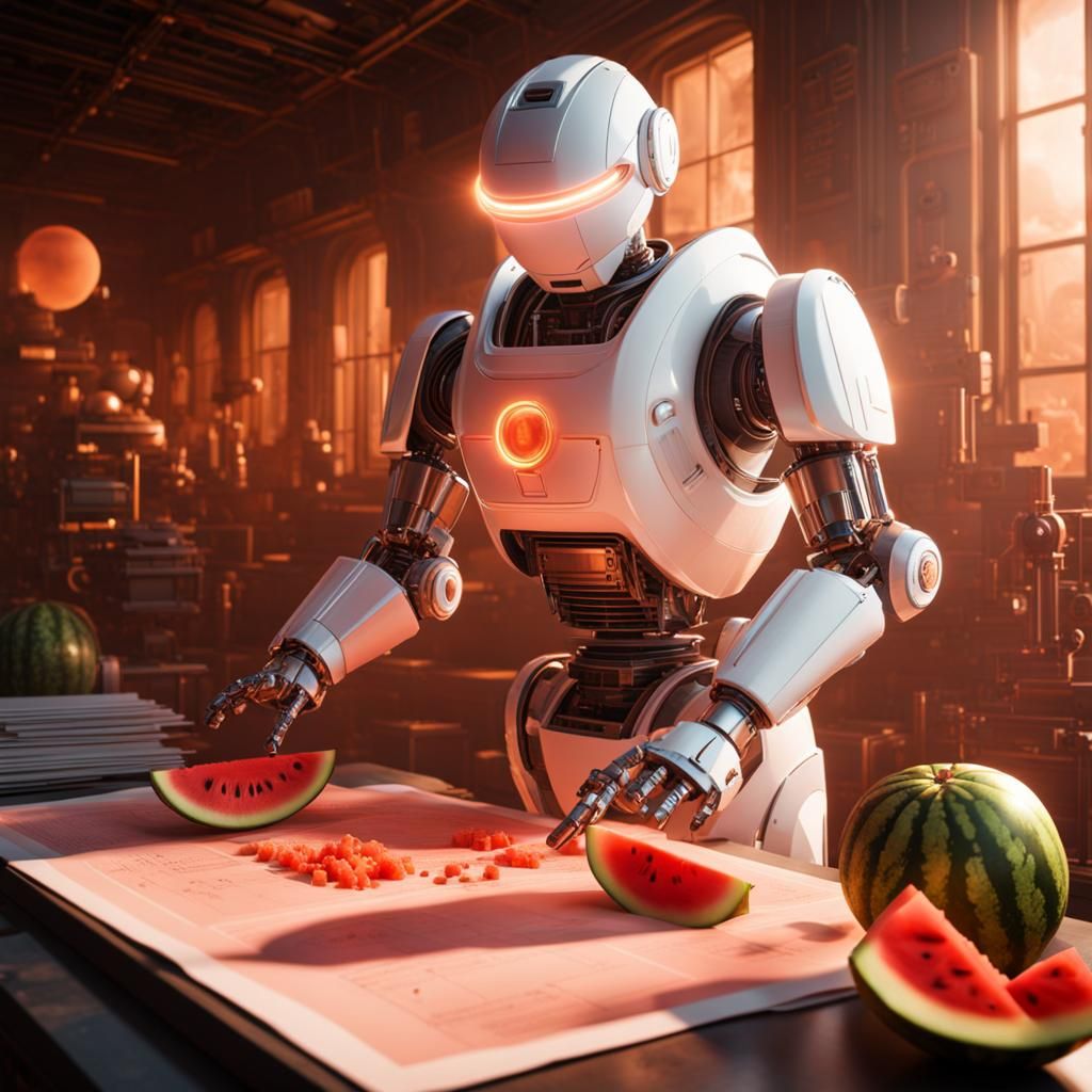 Intricate Robot Studies Watermelon Blueprint in a Dusty Work...