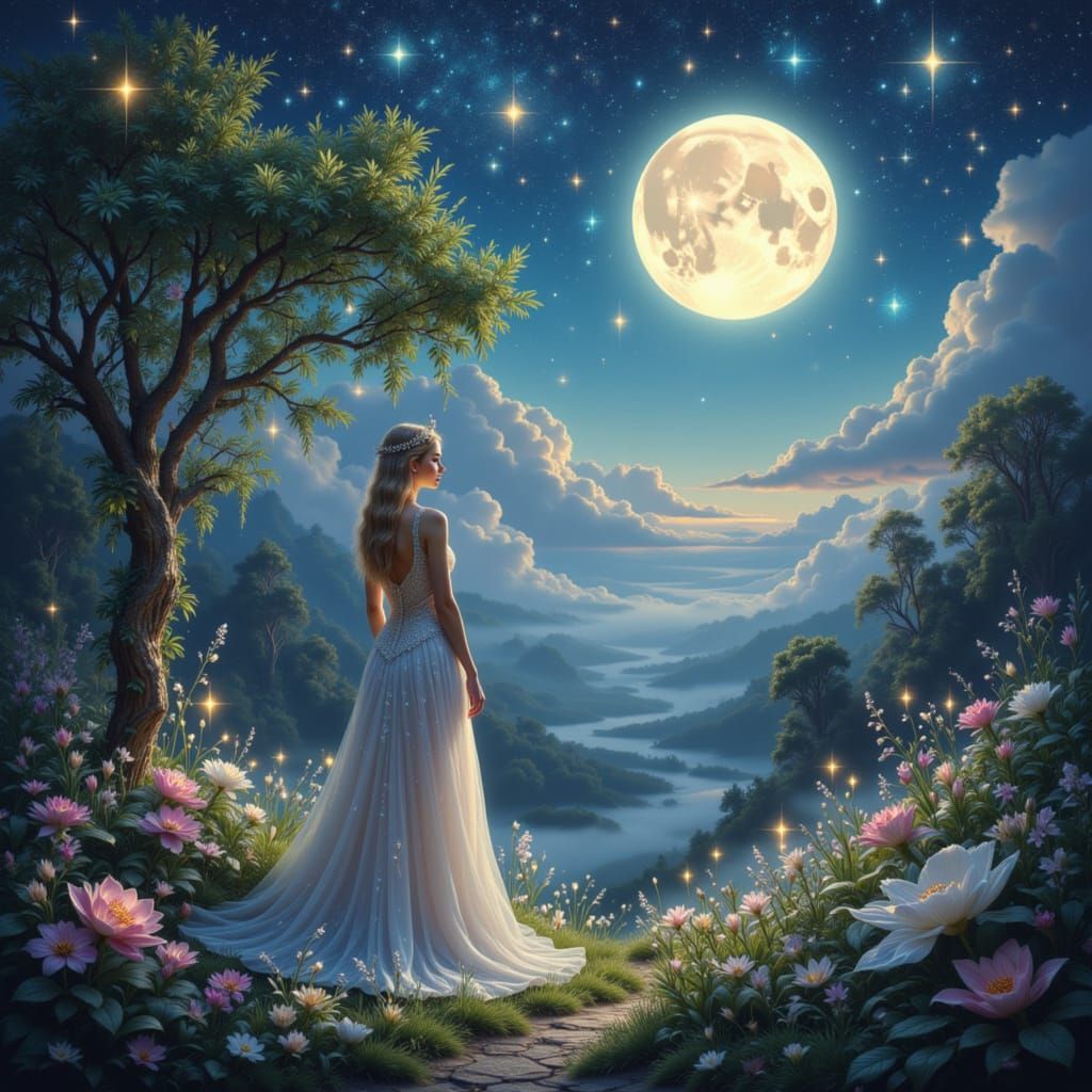 Peaceful Moon Queen in Surreal Dreamscape
