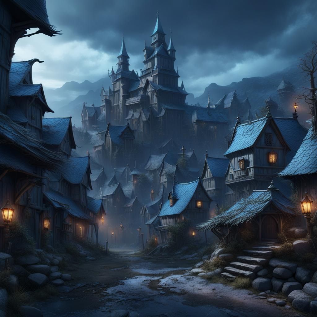 Mythic Blue Village in Dark Fantasy