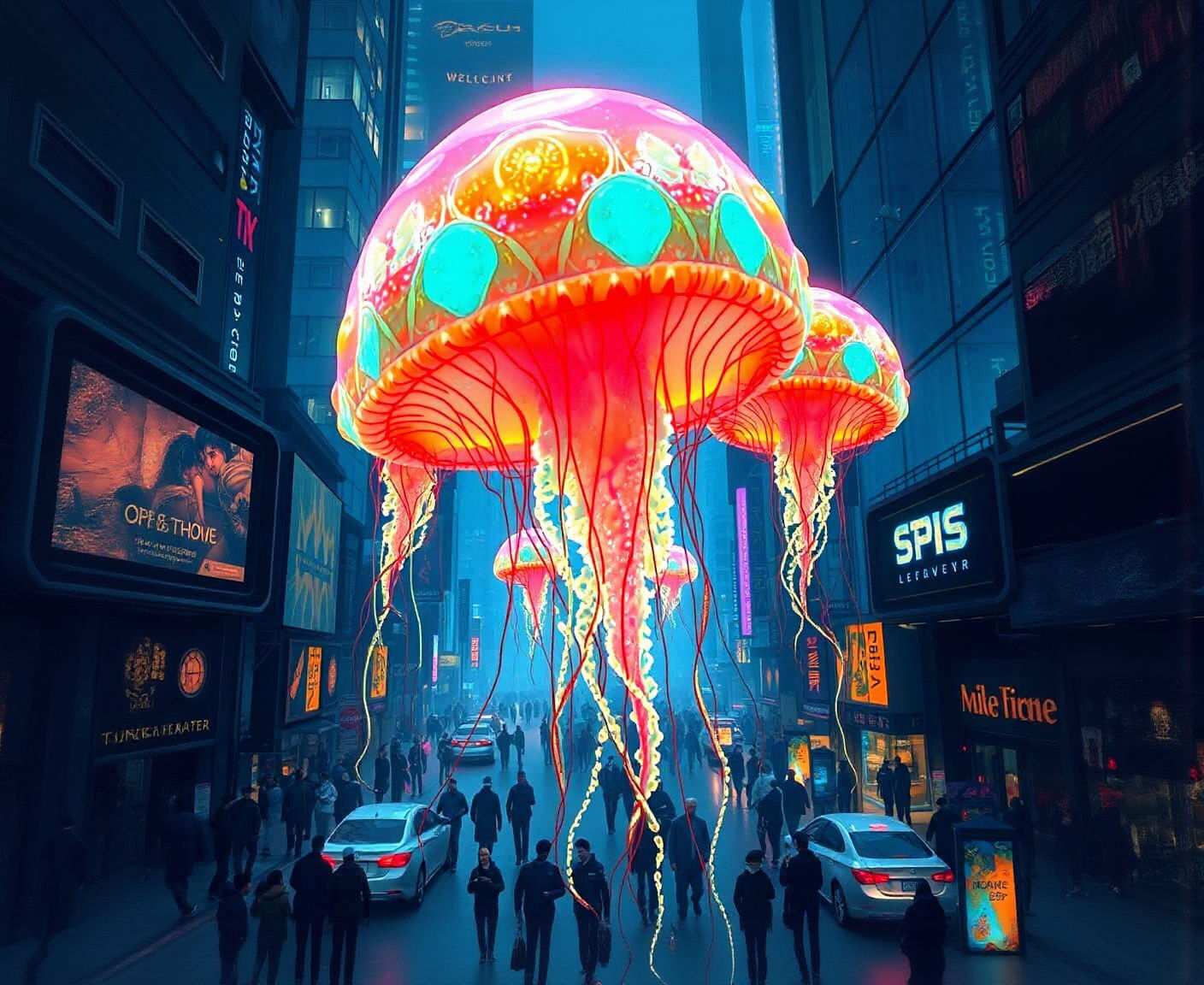 Bioluminescent Jellyfish in Cyberpunk Cityscape