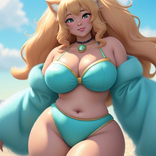 Voluptuous Cat-Girl in Fur Swimsuit, Digital Anime Art