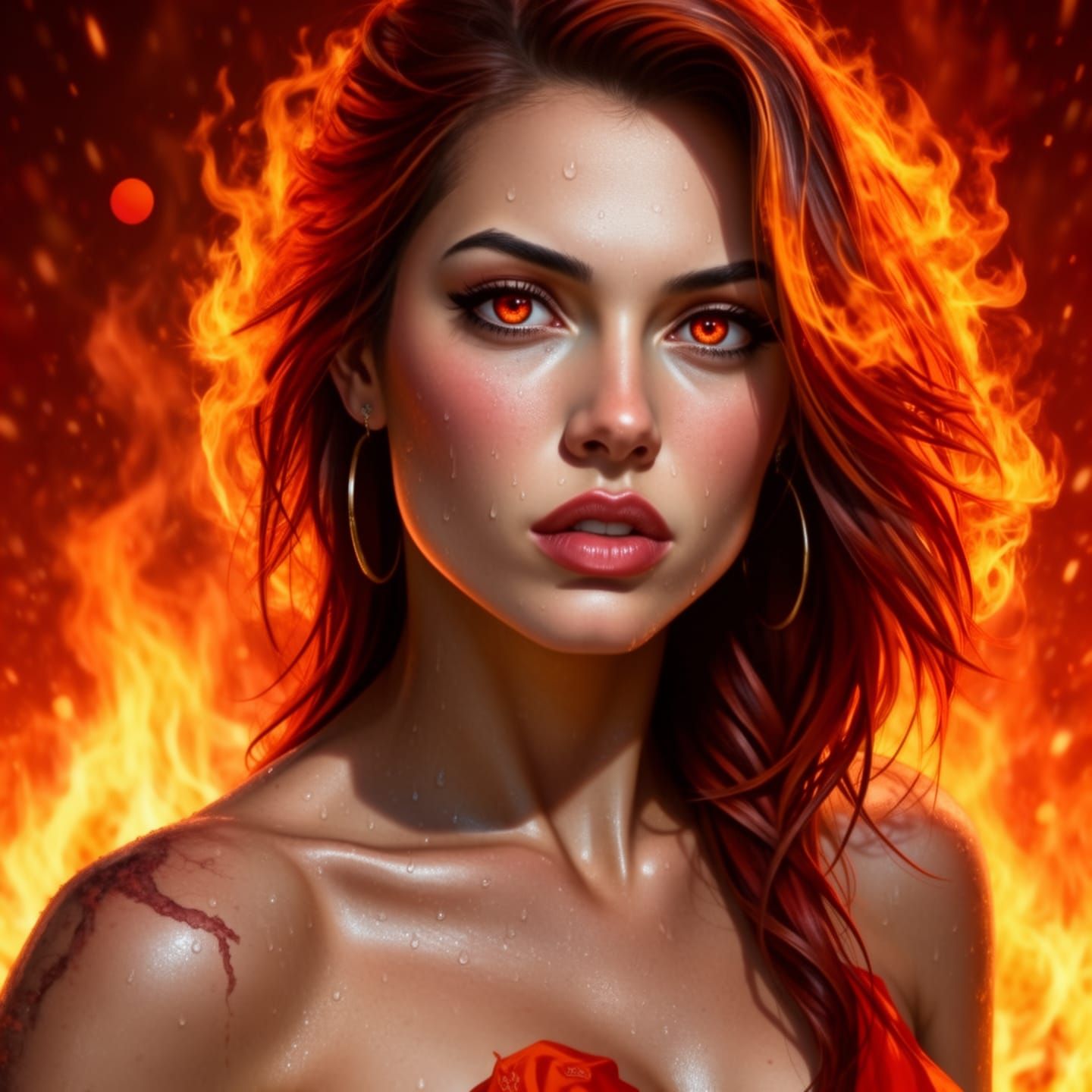 Fiery Woman Rises from Flames with Glistening Skin
