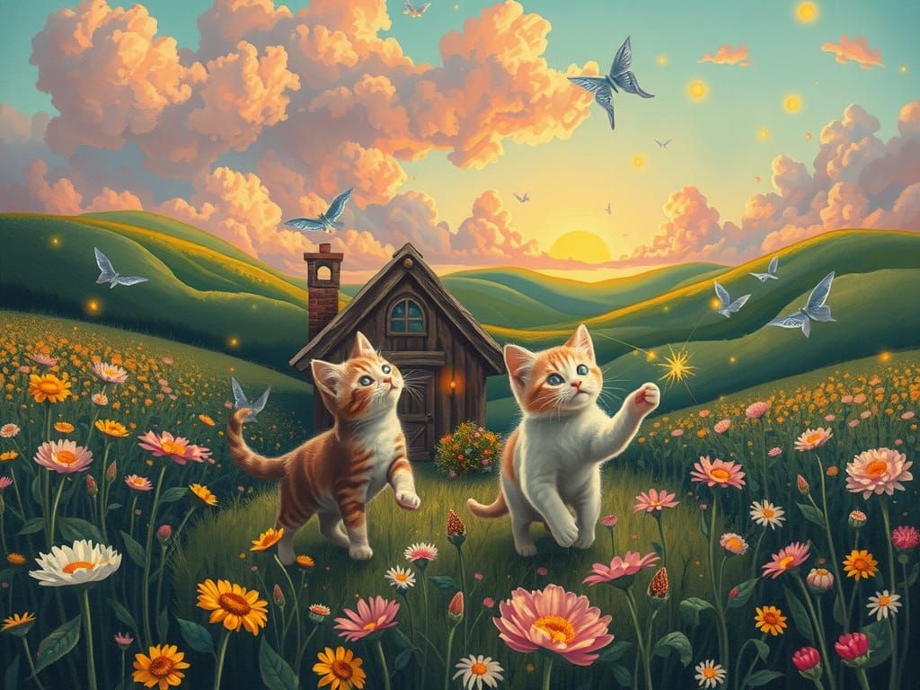 Whimsical Kitten Wonderland in Folk Art Style