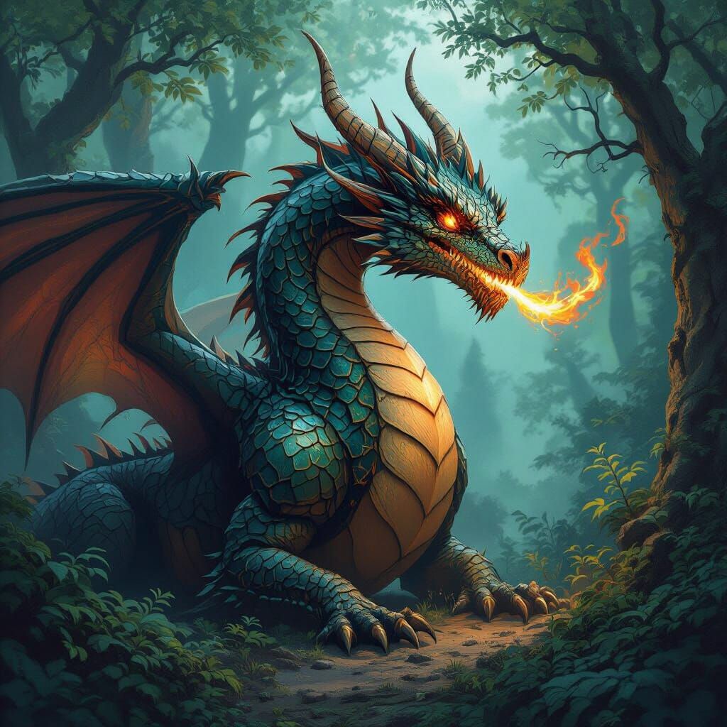 Majestic Dragon in Mystical Forest, Dark Fantasy Art