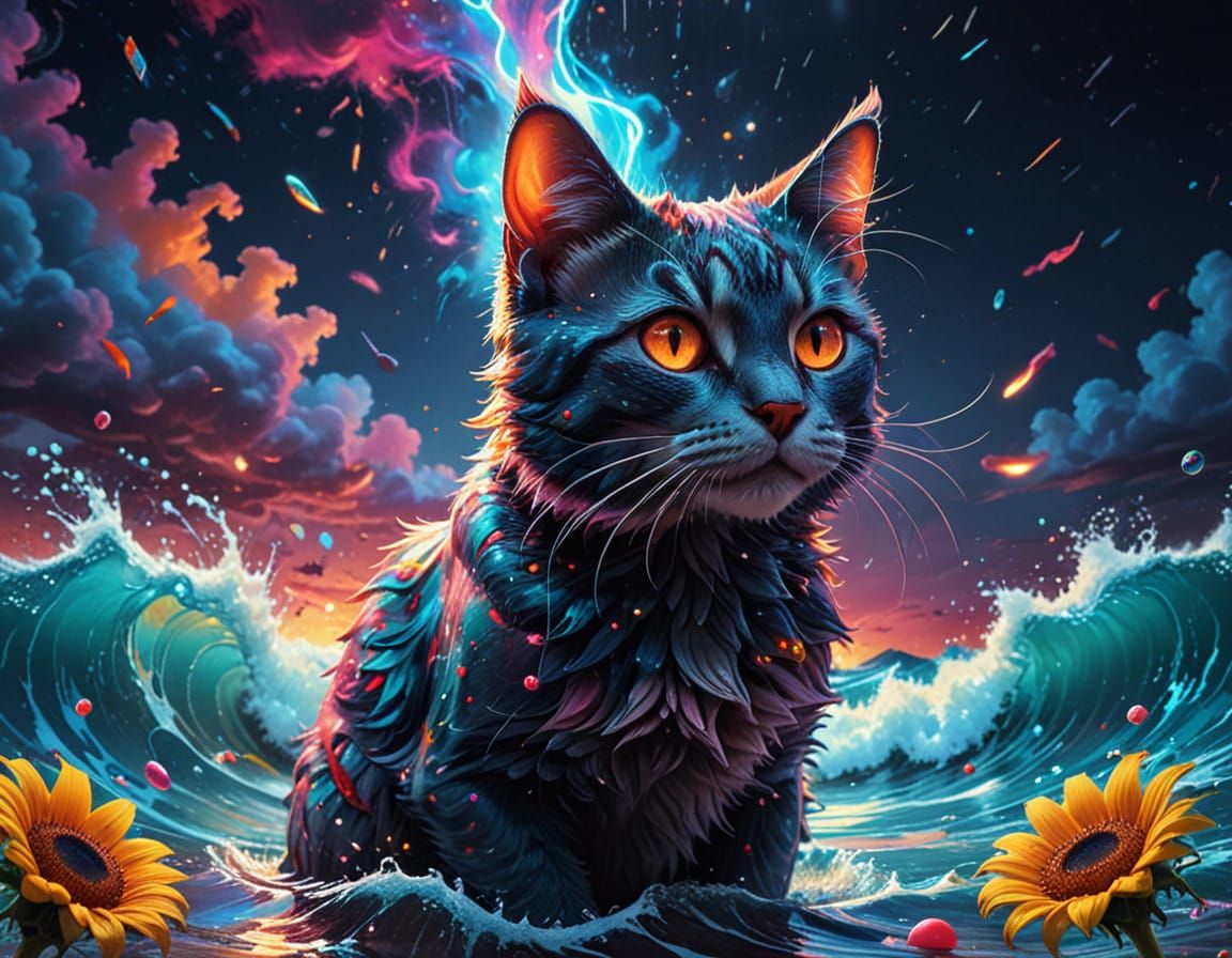 Cyberpunk Cat Surfs Galactic Waves by Moonlight