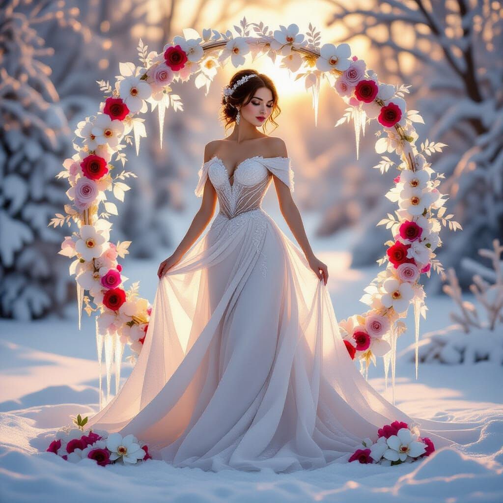 Ethereal Ice Sculpture of Woman with Roses and Orchids