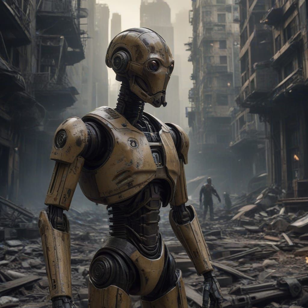 Gritty Sci-Fi Battle Droid in Ruined Cityscape