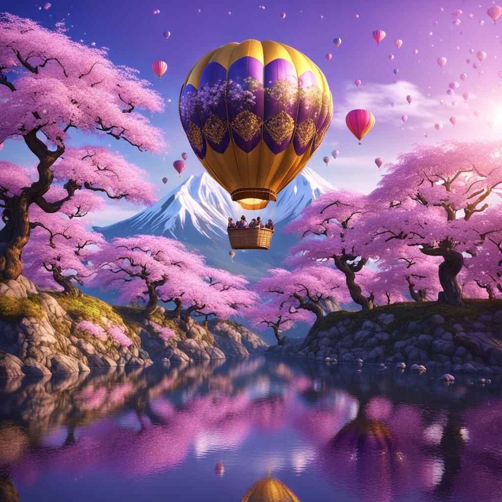 Surreal Japanese Landscape with Glittering Hot Air Balloon