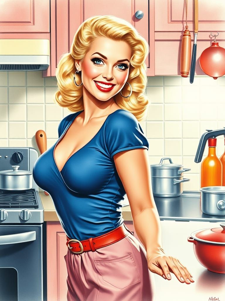 Blonde Pin-up Kitchen Siren in Vibrant Colors