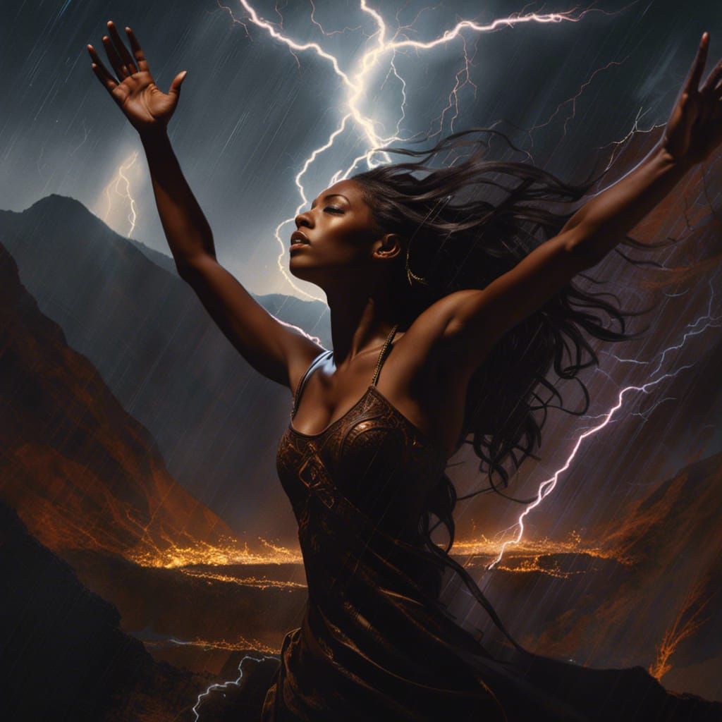 Sorceress Summoning Lightning in Majestic Mountain Landscape
