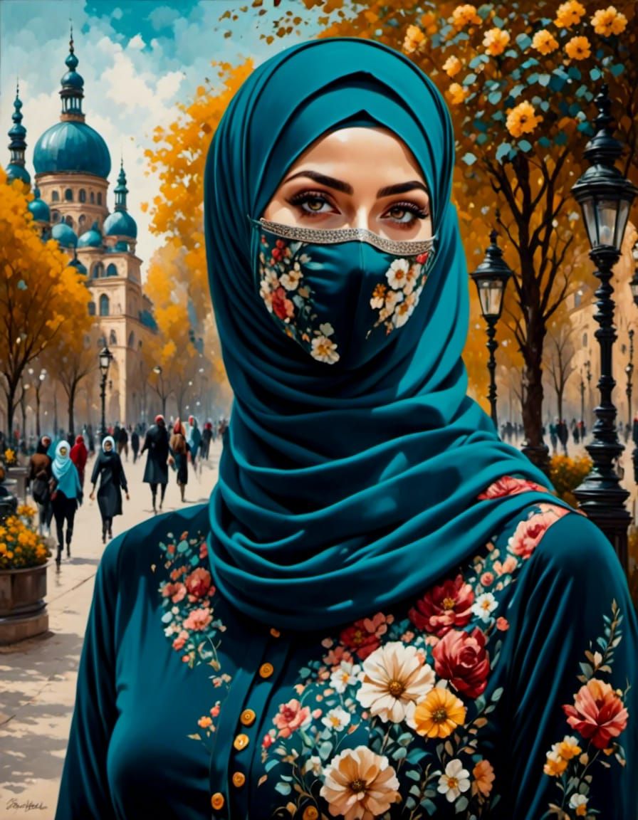 Beautiful Masked Woman in Spring City: Oil Gouache Painting