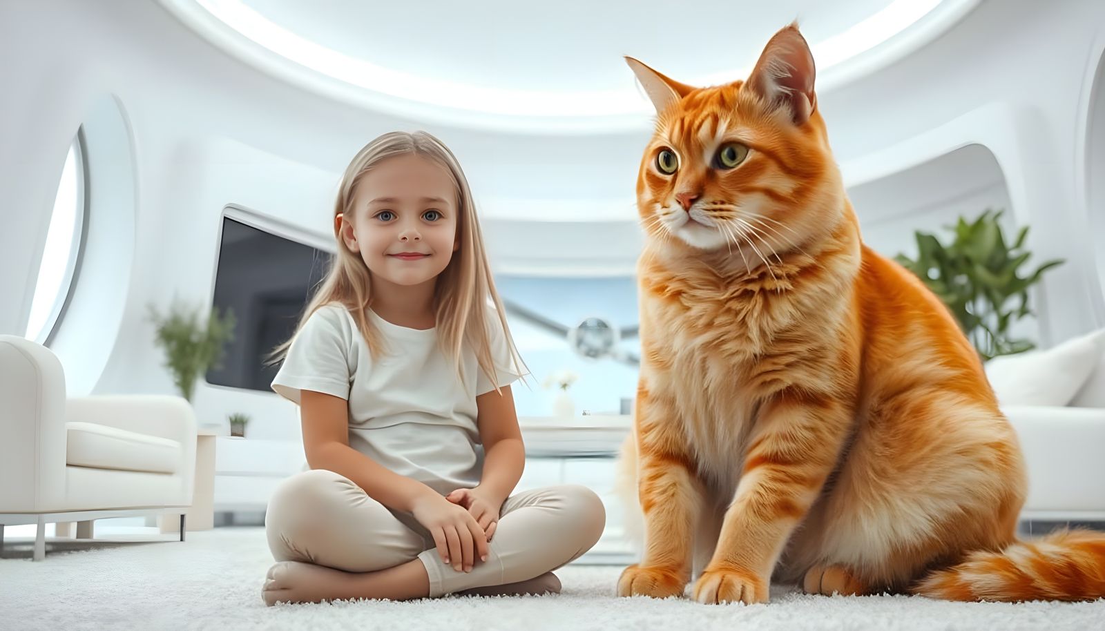 Girl with Giant Ginger Cat in Futuristic Room
