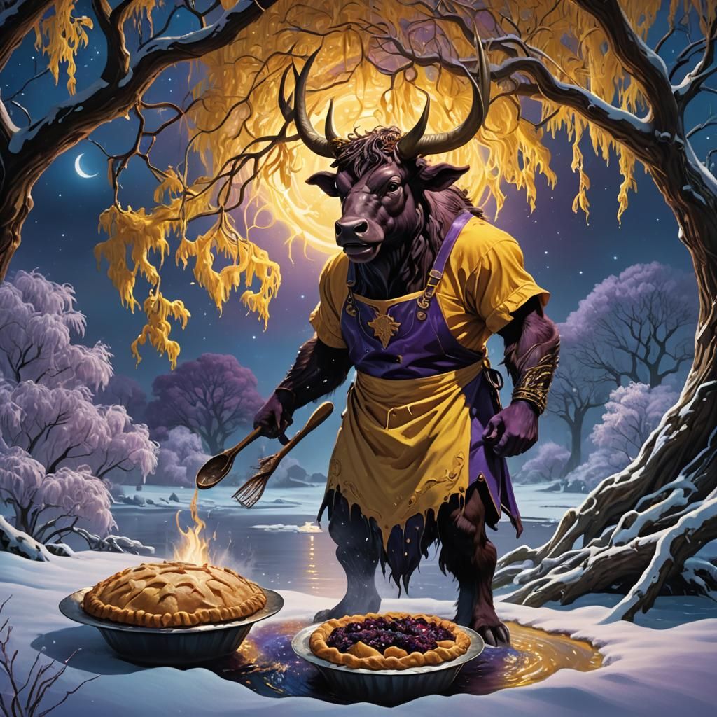 Hyper-Realistic Minotaur Bakes Pie in Blizzard under Celesti...