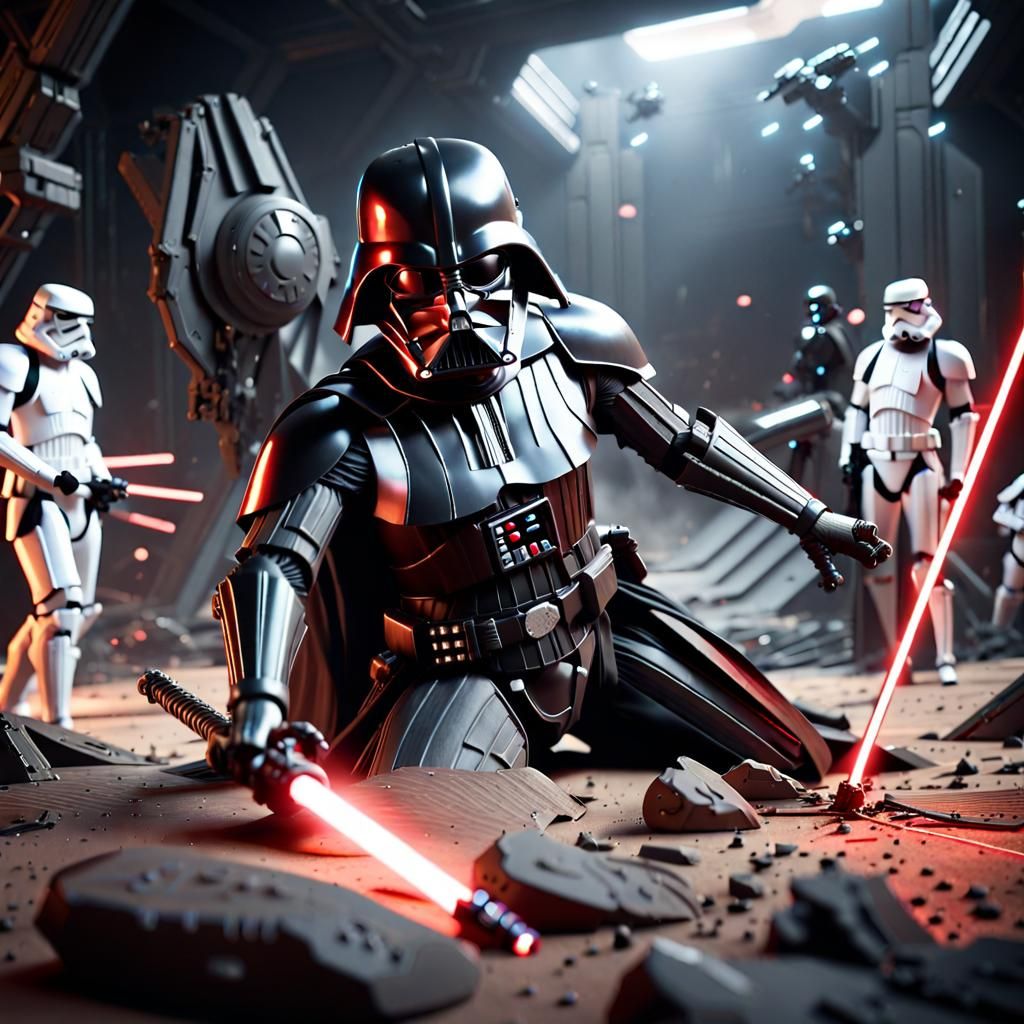 Darth Vader's Epic Fall in Cyberpunk Videogame Style
