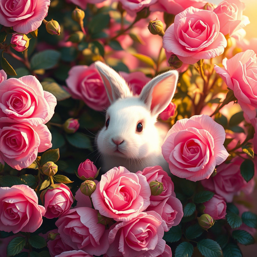 Whimsical Fantasy Bunny in Pink Roses