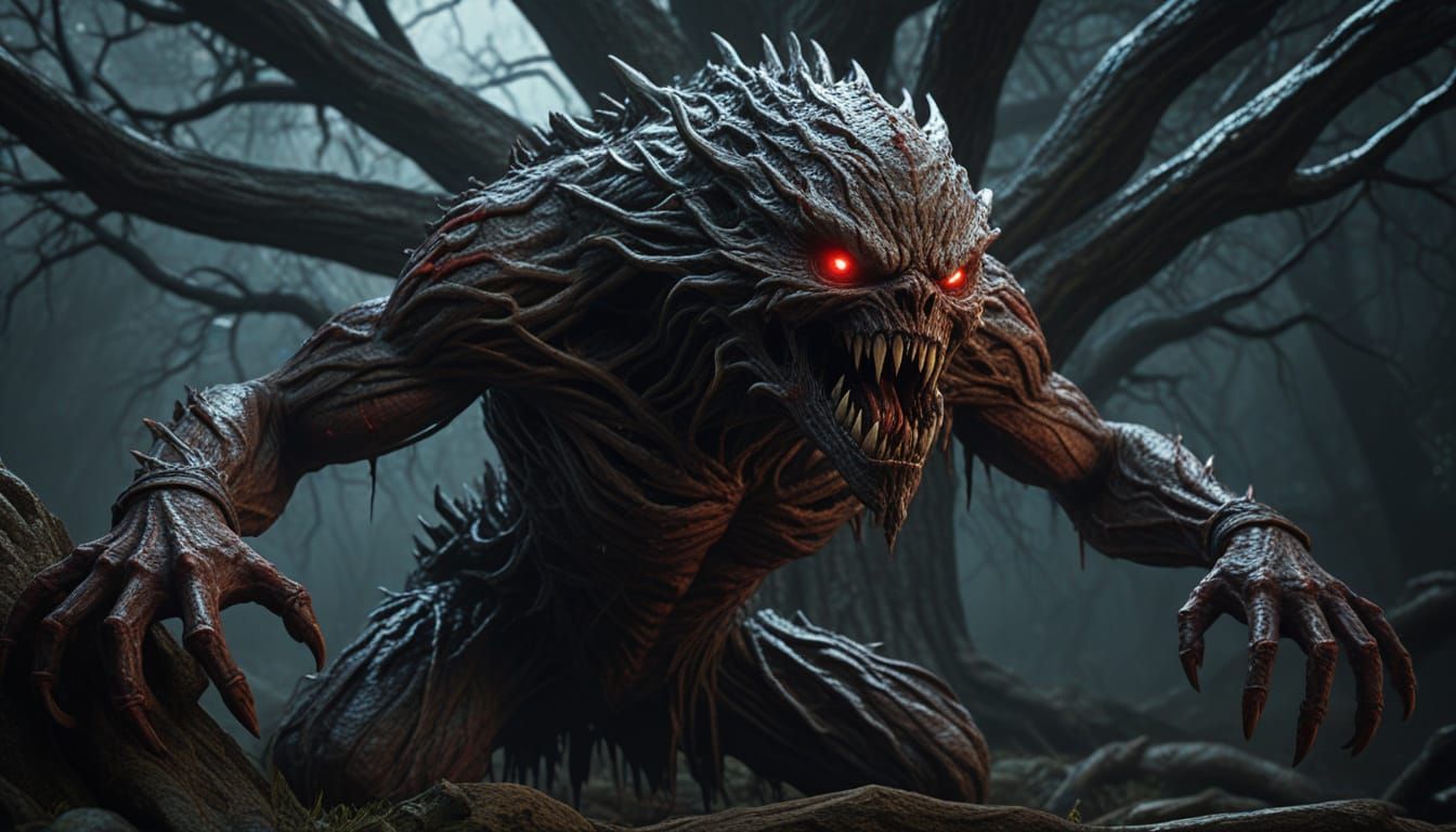Terrifying Creature Fused to Ancient Tree, Horror Concept Ar...