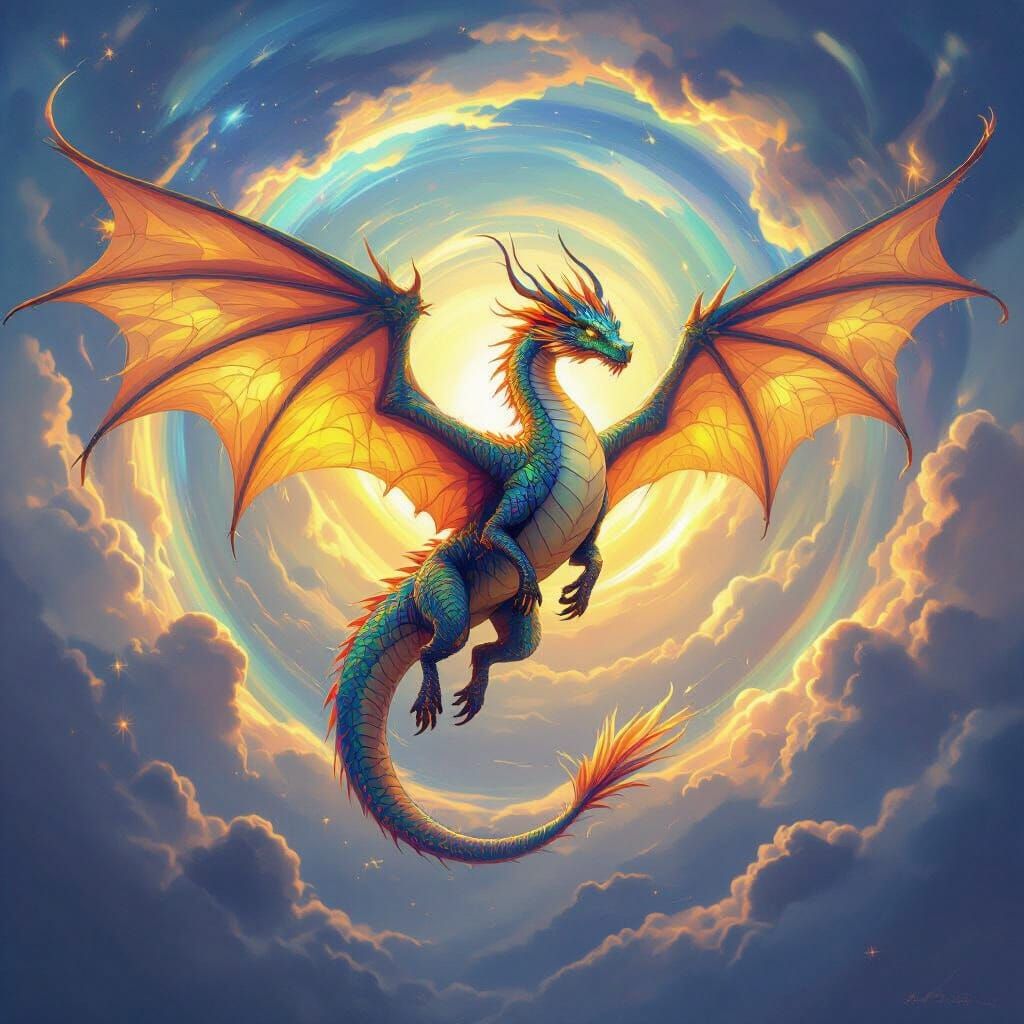 Majestic Rainbow Dragon Soars Through Swirling Sky
