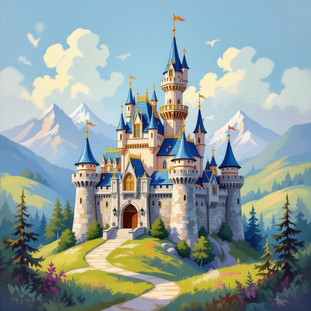 Bob Ross Style Castle in Serene Landscape Gouache Painting