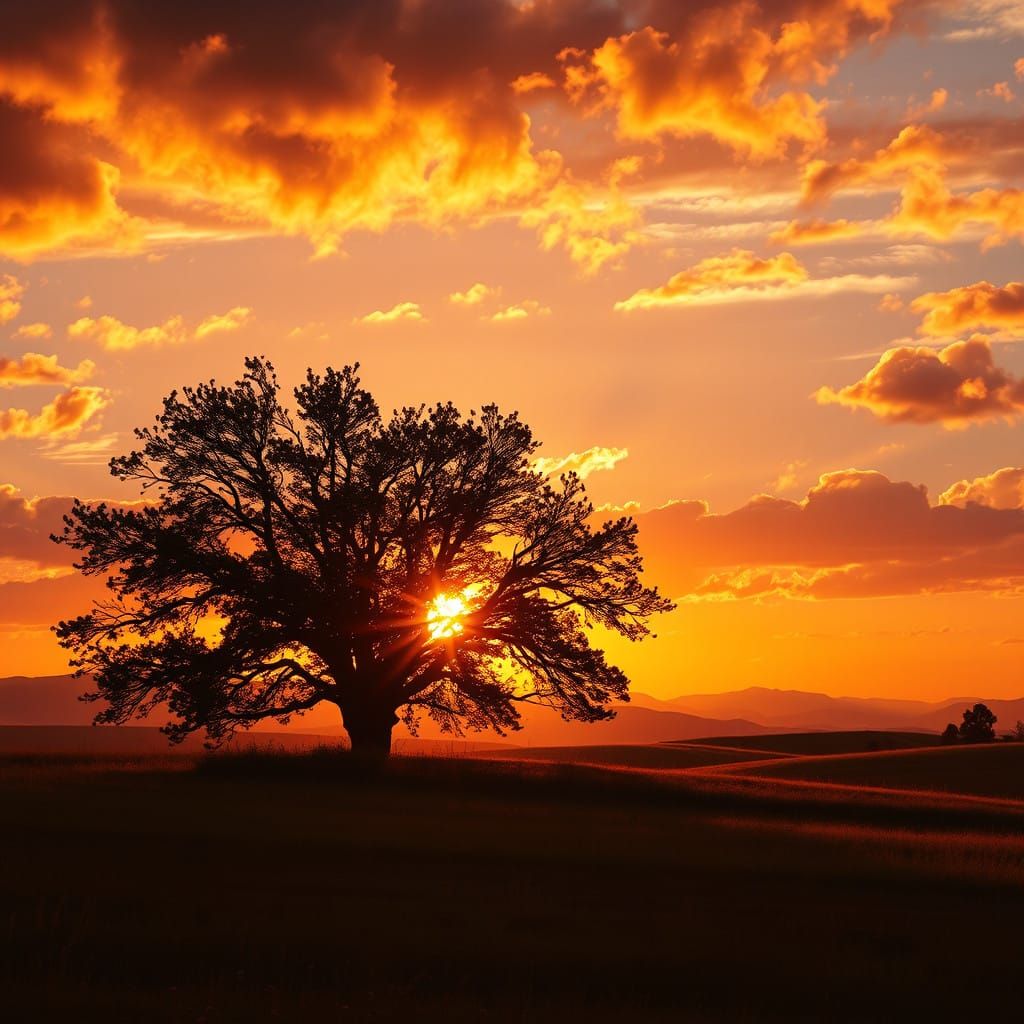 Vibrant Sunset Landscape with Dramatic Silhouettes and Warm...