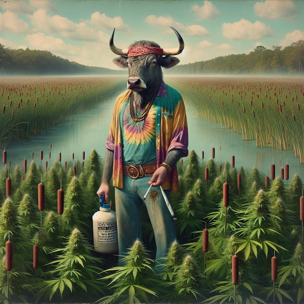 A Hippie Bull Tends Cannabis in a Verdant Marsh