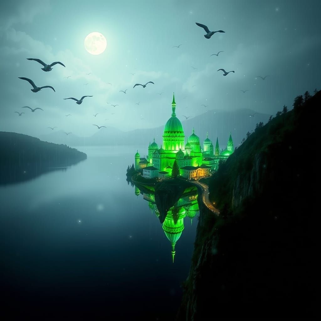 Emerald Diamond Cities Floating Above Lakes: Photography