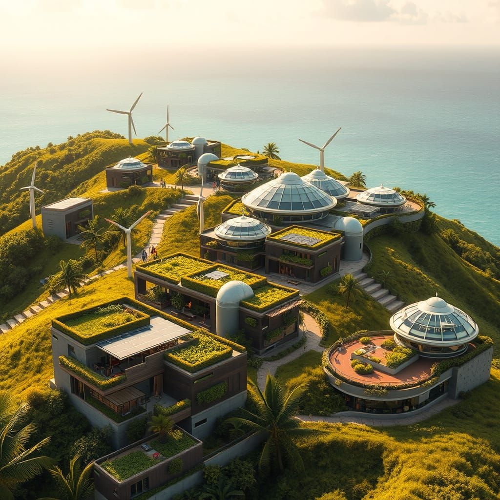A breathtaking solarpunk eco-village nestled on a sunny green hillside by the sea,