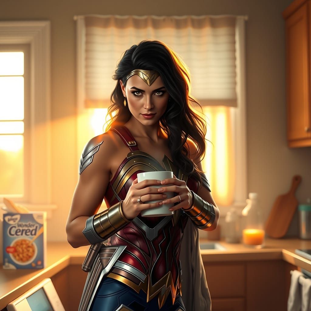 Wonder Woman Savoring Morning Coffee in a Cozy Kitchen