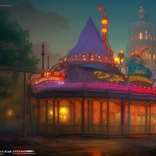 Fantastical Nighttime Amusement Park in Detailed Matte Paint...