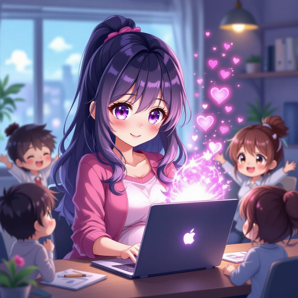 Anime Heroine with Magical Laptop and Chibi Coworkers