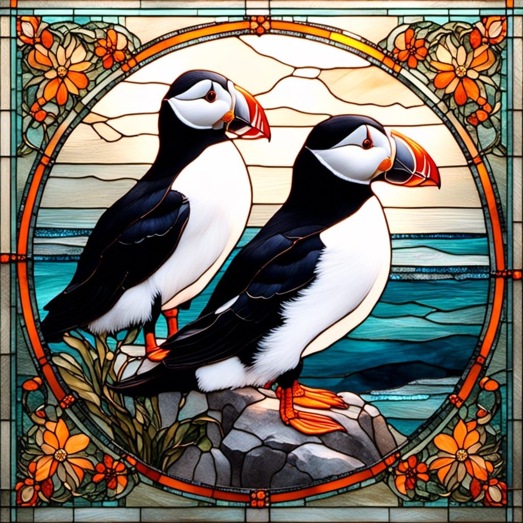 Vibrant Stained Glass Puffin Gathering on Rocky Cliff