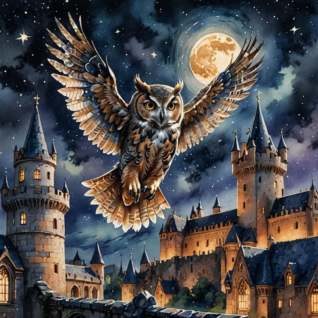 Medieval Castle Owl in Ethereal Flight at Night Sky