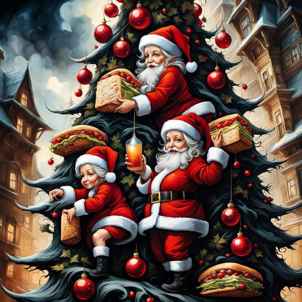 Surreal Santa Claus Scene in Dramatic Chiaroscuro Style
