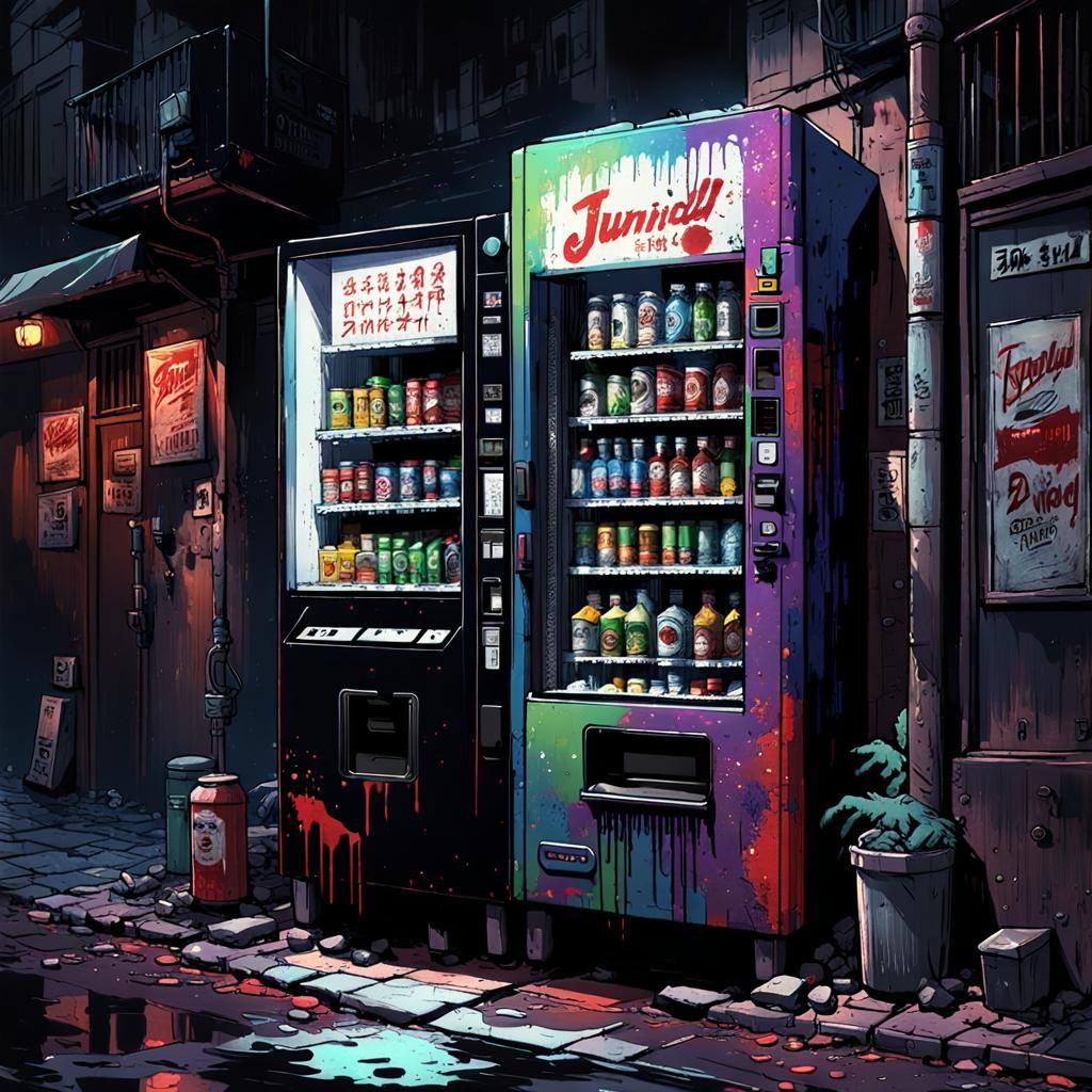 Dark Alley Horror Vending Machine in Grim Speedpaint Style