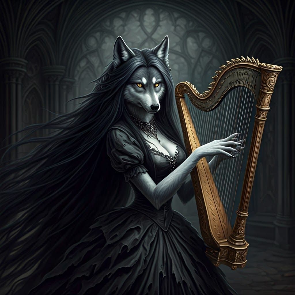 Surreal Raven-Haired Wolf Enchants with Haunting Gothic Harp
