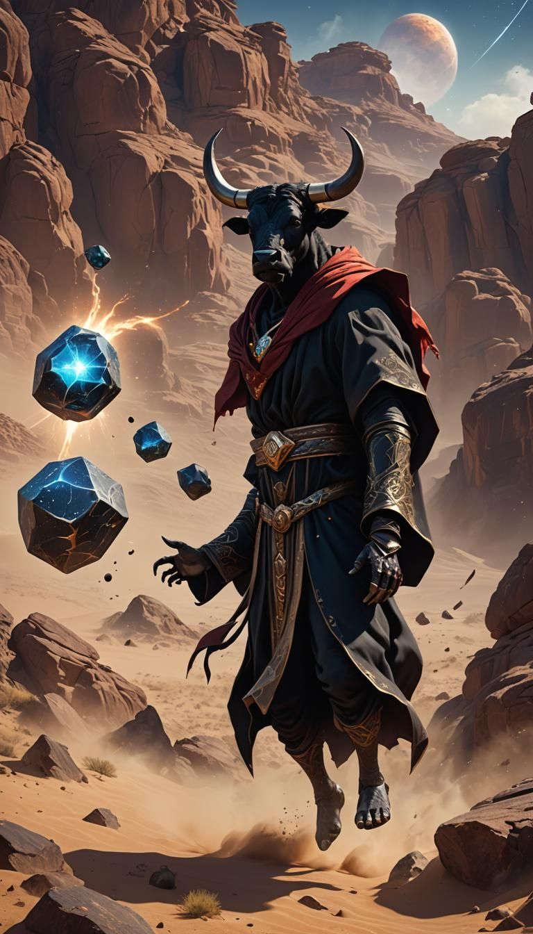 Mystical Bull Conjure Ancient Cosmic Magic in Vibrant Landsc...