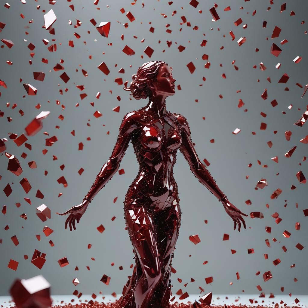Sculpture of Red Glass Woman Shatters in a Shower of Colorfu...
