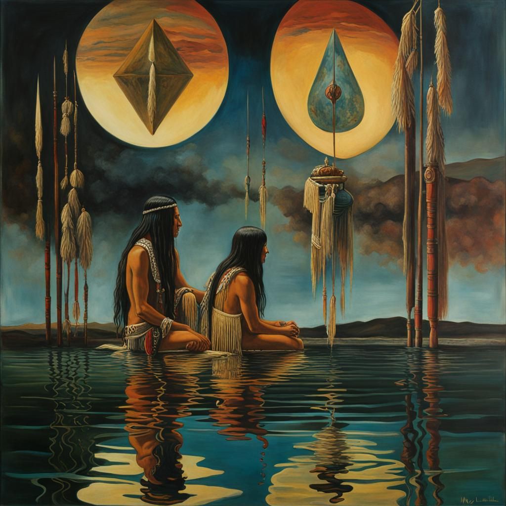 Native American Contemplating Reflections in a Dreamlike Wat...