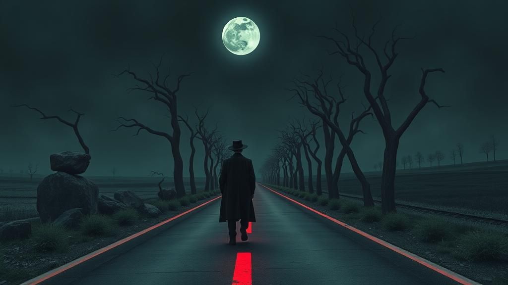 Enigmatic Figure Walks Eternal Road Under a Haunting Pale Gr...
