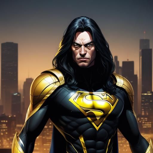 Comic Book Hero in Gold and Black Costume, City Skyline
