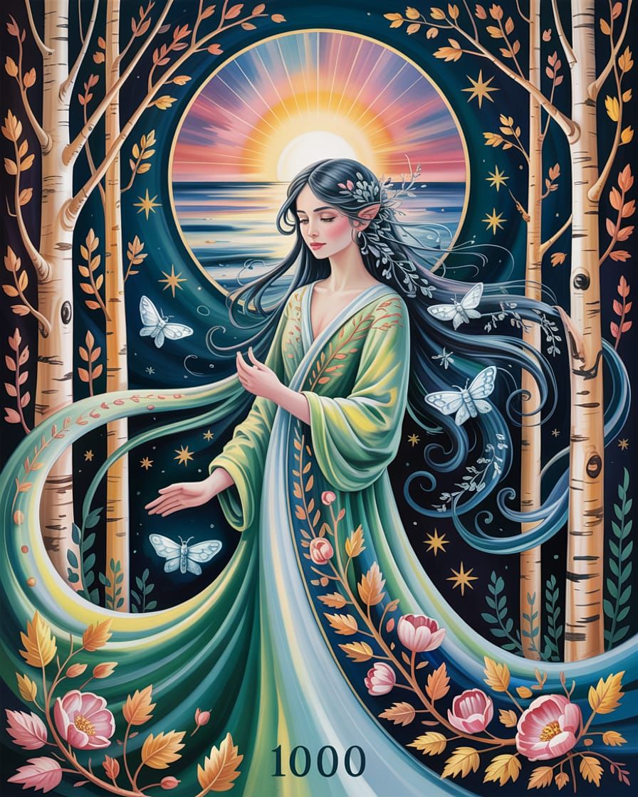 Goddess in Moonlit Forest, Symbolist Painting