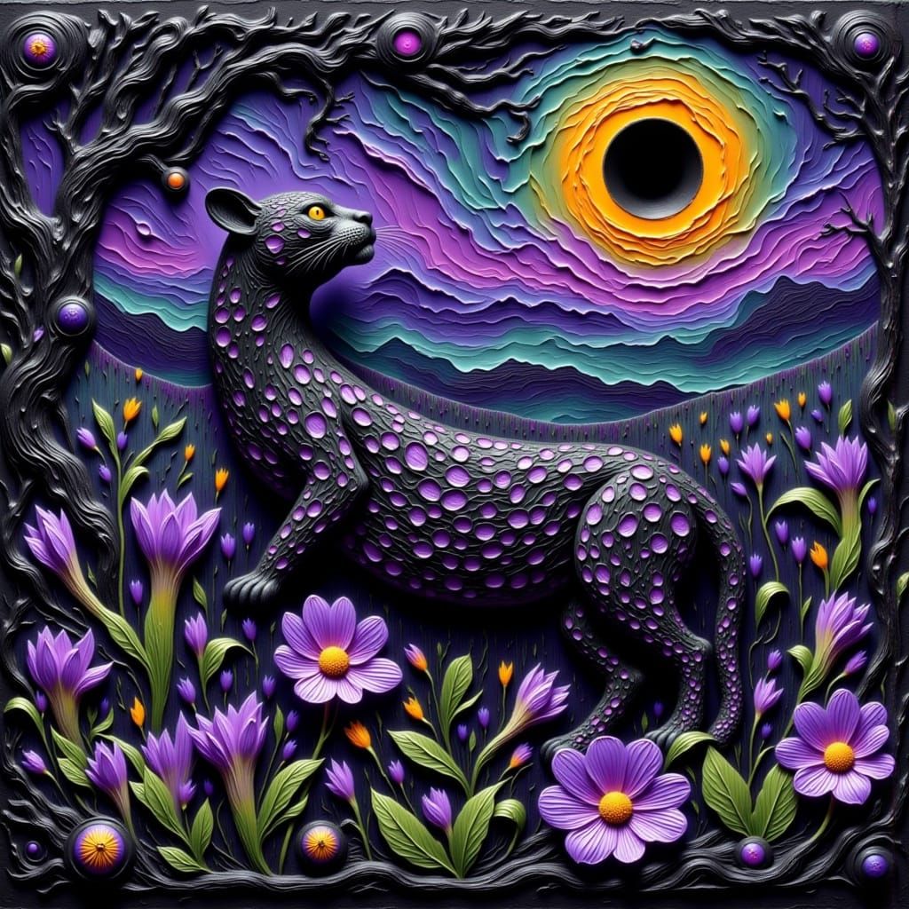 Purple Leopard in Dreamscape of Lilies