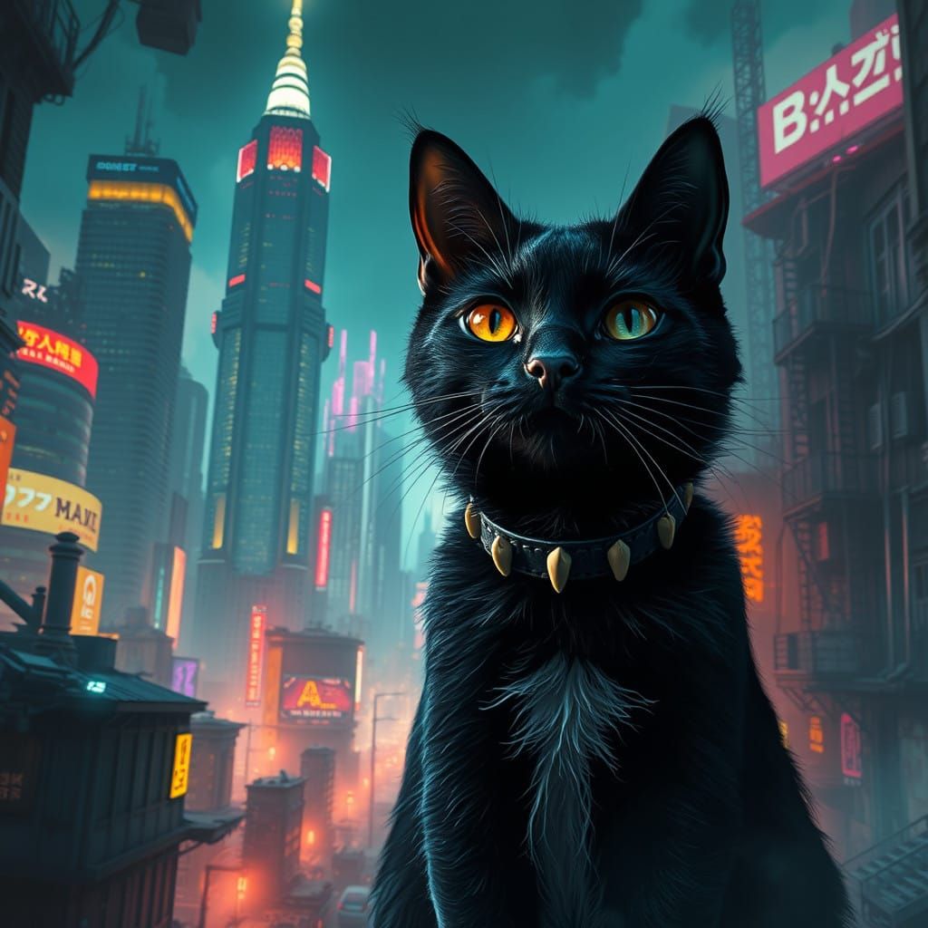 Mysterious Warrior Cat in Neon Dystopian Metropolis