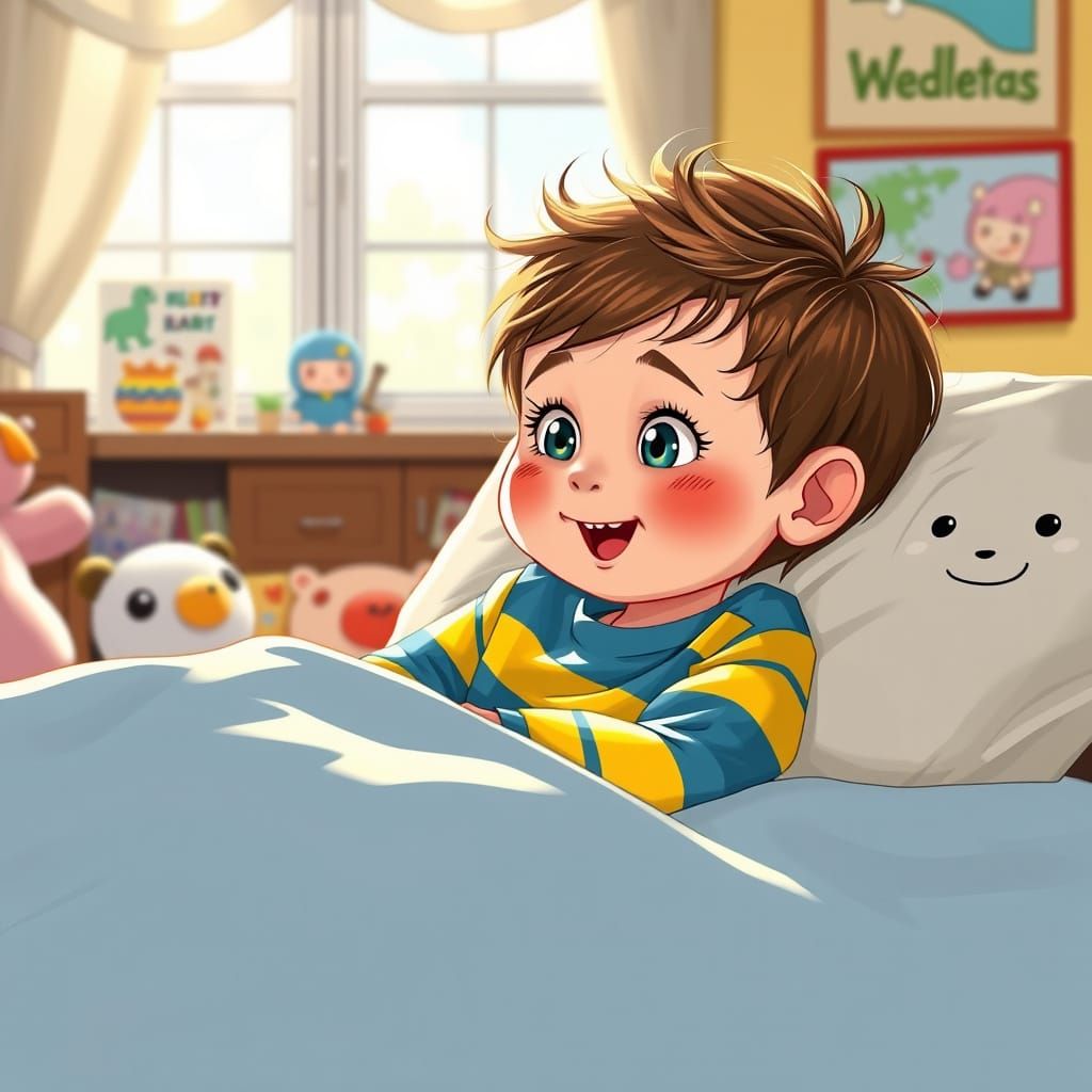 Rosy Cheeked Child Wakes Up in Sunny Bedroom with Vibrant Pa...