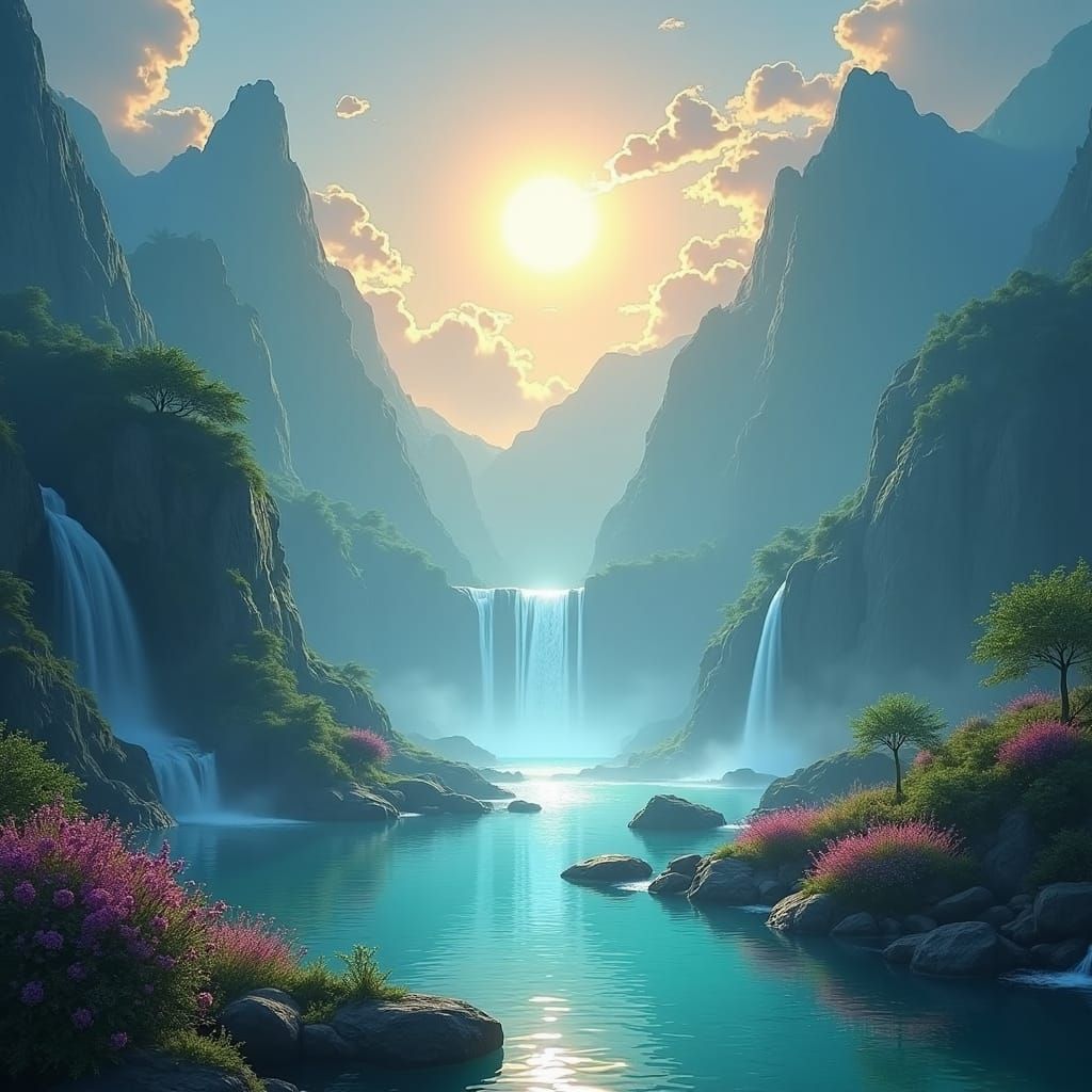 Serene Waterfall Oasis in Vibrant Colors