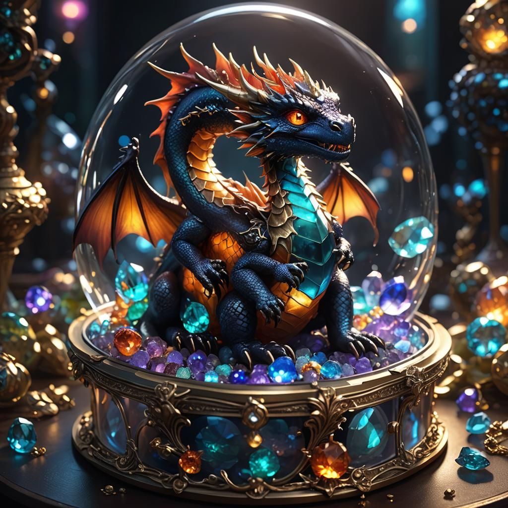 Fantastical Miniature Dragon Surrounded by Glowing Gems in a...