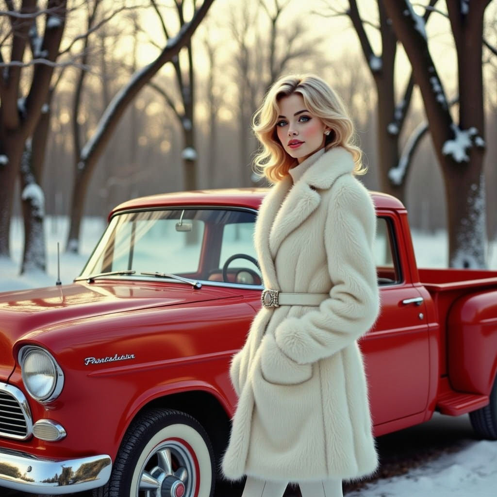 Blonde Woman in Fur Coat with Vintage Red Truck