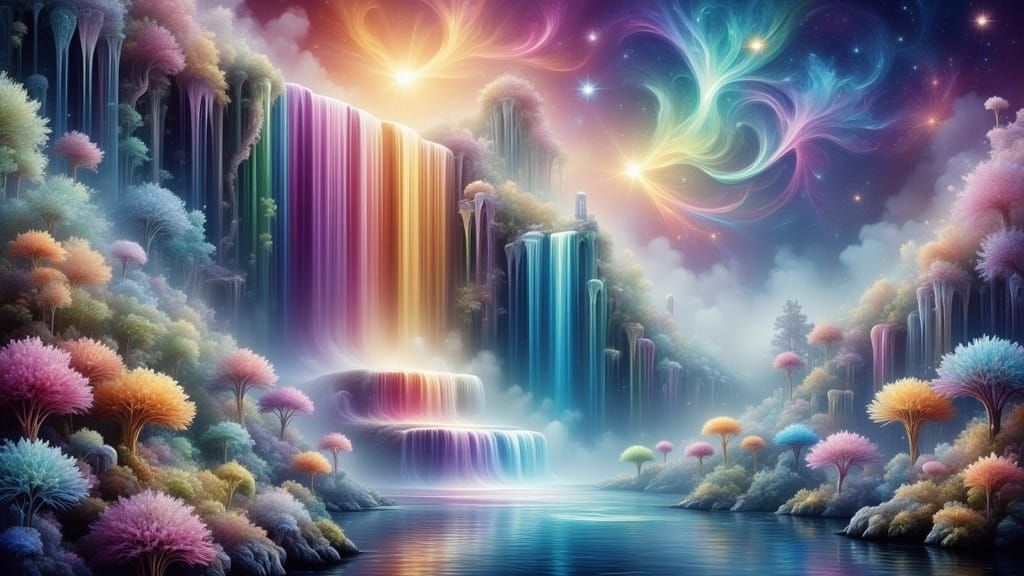 Ethereal Rainbow Waterfall in Dreamlike Landscape